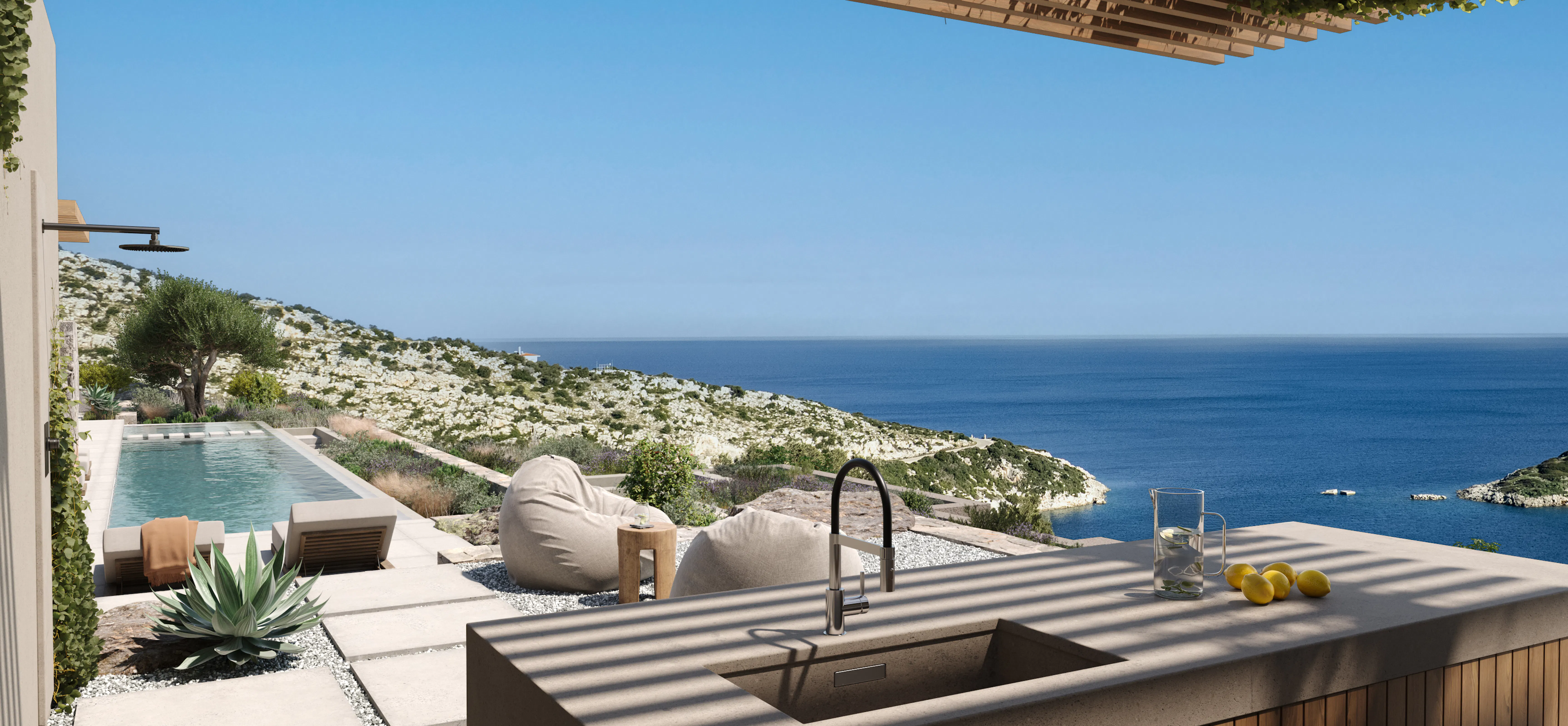 Poolside terrace view from beneath a wooden pergola, showing an infinity pool, lounge chairs, and dining table overlooking the sea and coastline.