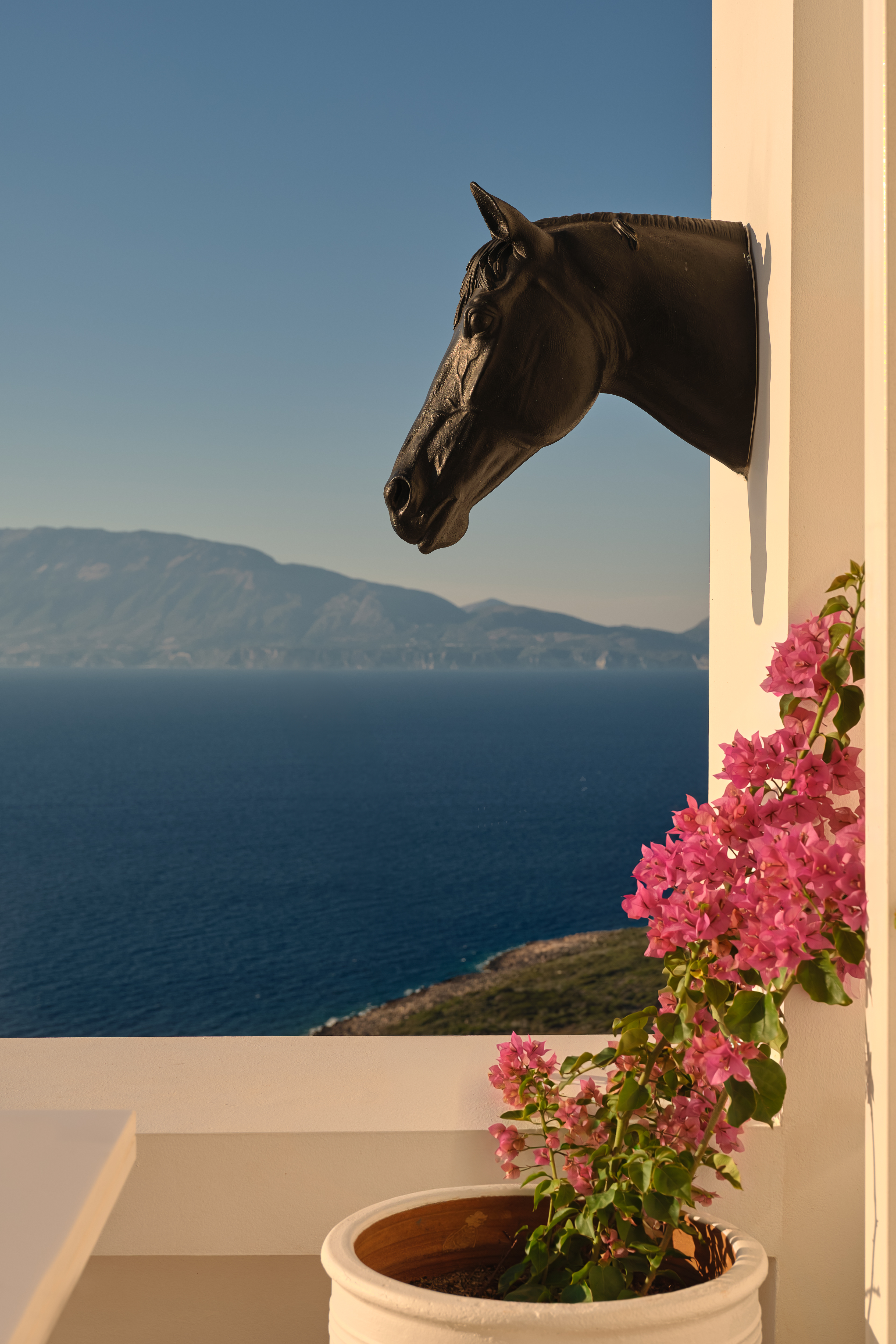 Decorative horse-head sculpture mounted on a wall beside a bougainvillea plant, framing a sea view