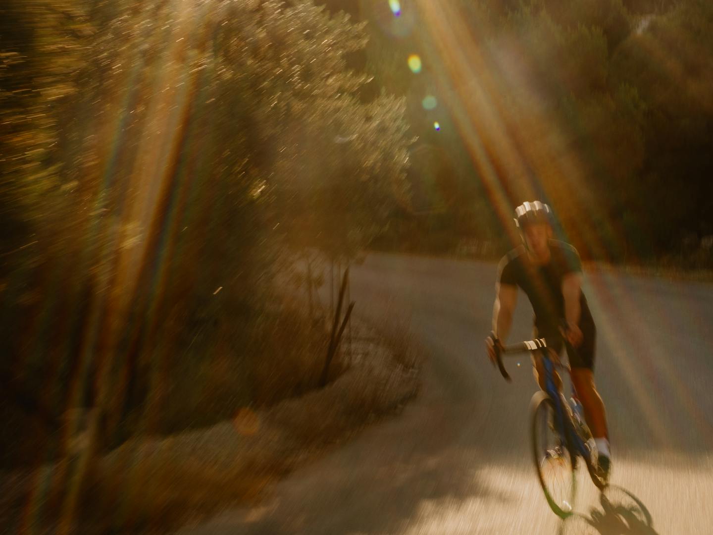Motion-blurred photograph of a cyclist riding on a tree-lined path with dramatic sunlight streaming through the foliage creating lens flare effects. The image captures the sense of speed and movement, with the surrounding vegetation and road appearing blurred while sunbeams create golden streaks of light across the scene.