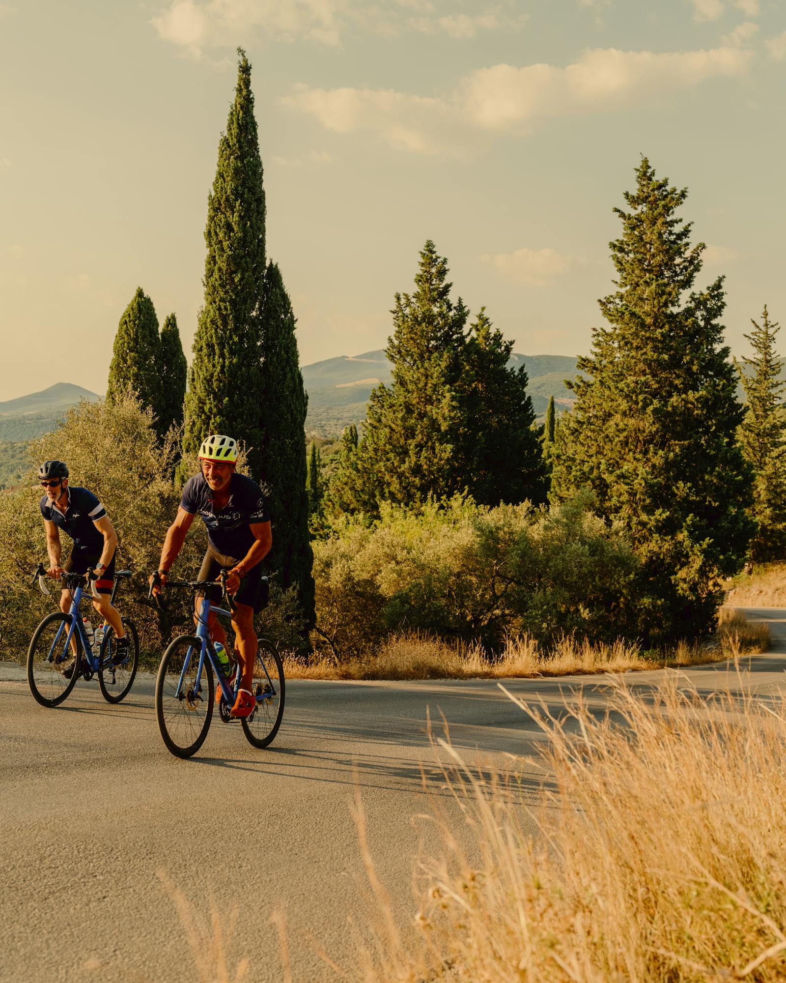 Two cyclists riding road bikes along a scenic Mediterranean countryside road during golden hour. They wear dark cycling gear and helmets, passing by tall cypress trees, olive groves, and mixed evergreen vegetation. Rolling mountains are visible in the background under a soft cloudy sky, with golden dried grass along the roadside creating a warm, pastoral atmosphere.