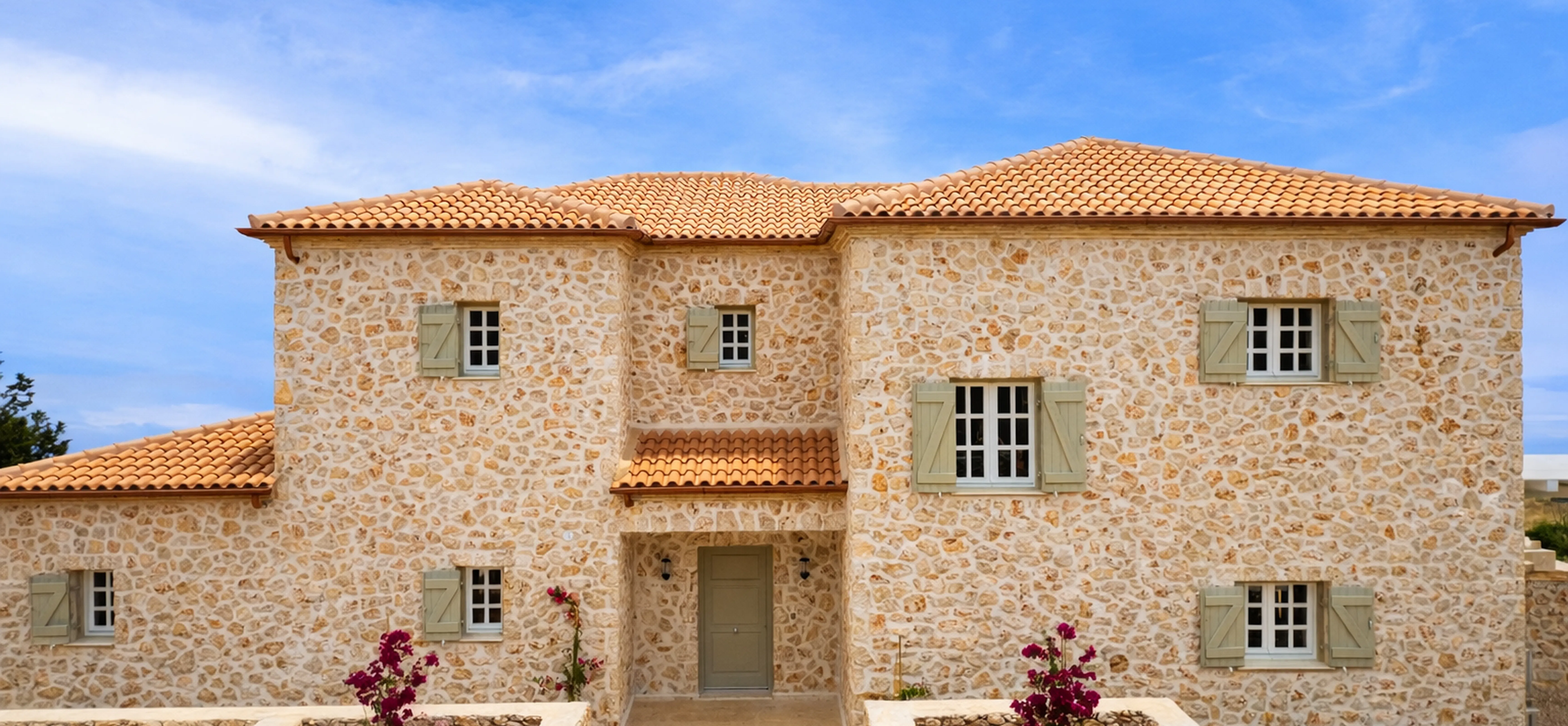 The villa's front facade showcases traditional stone construction with green wooden shutters and terracotta roof tiles. Landscaped entrance gardens with purple flowers frame the symmetrical two-storey structure.