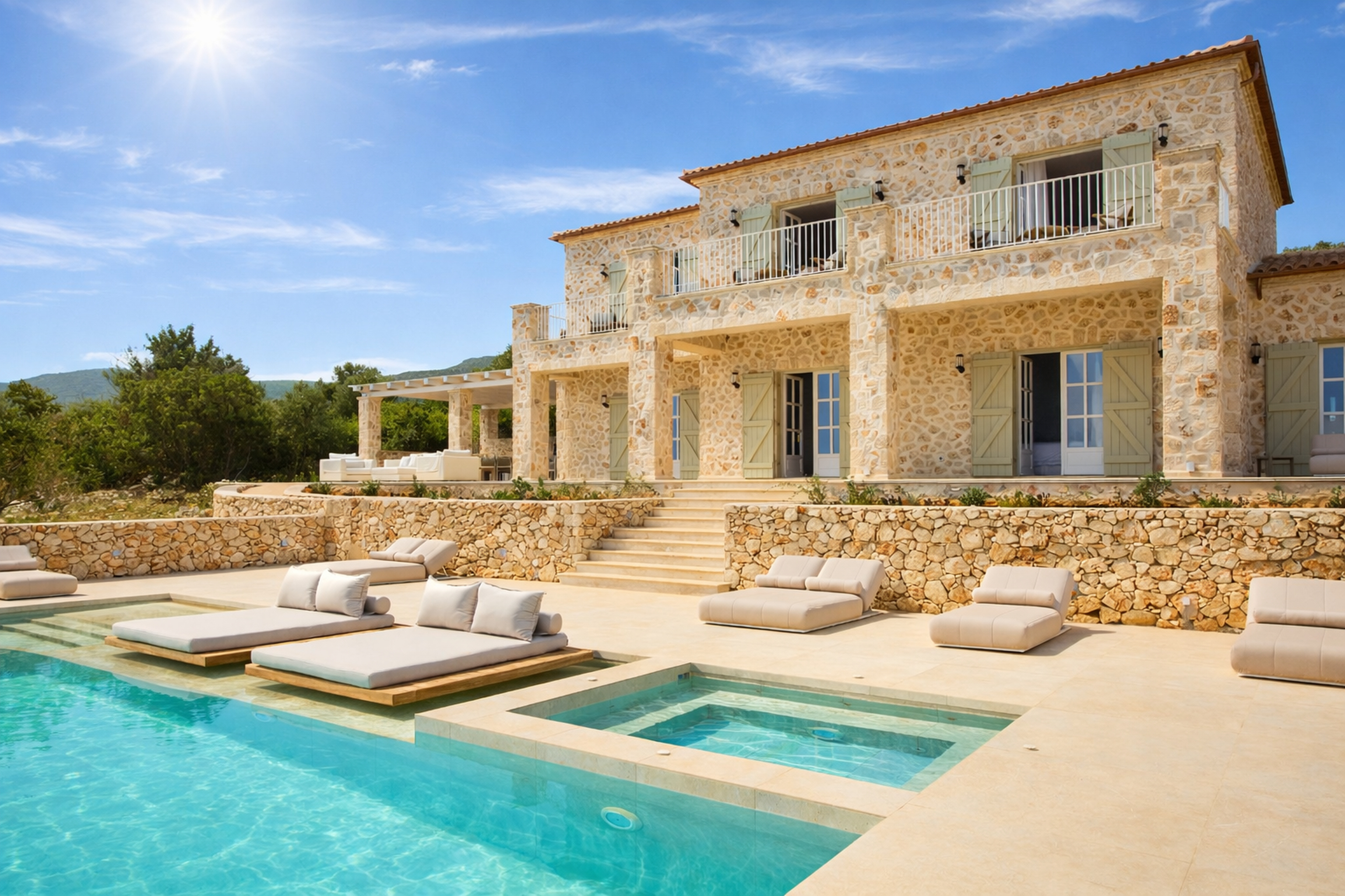 The villa's impressive stone facade showcases traditional Mediterranean architecture with sage green shutters and terracotta roof tiles. Multiple levels of terracing lead down to the infinity pool area with its luxury outdoor furniture.