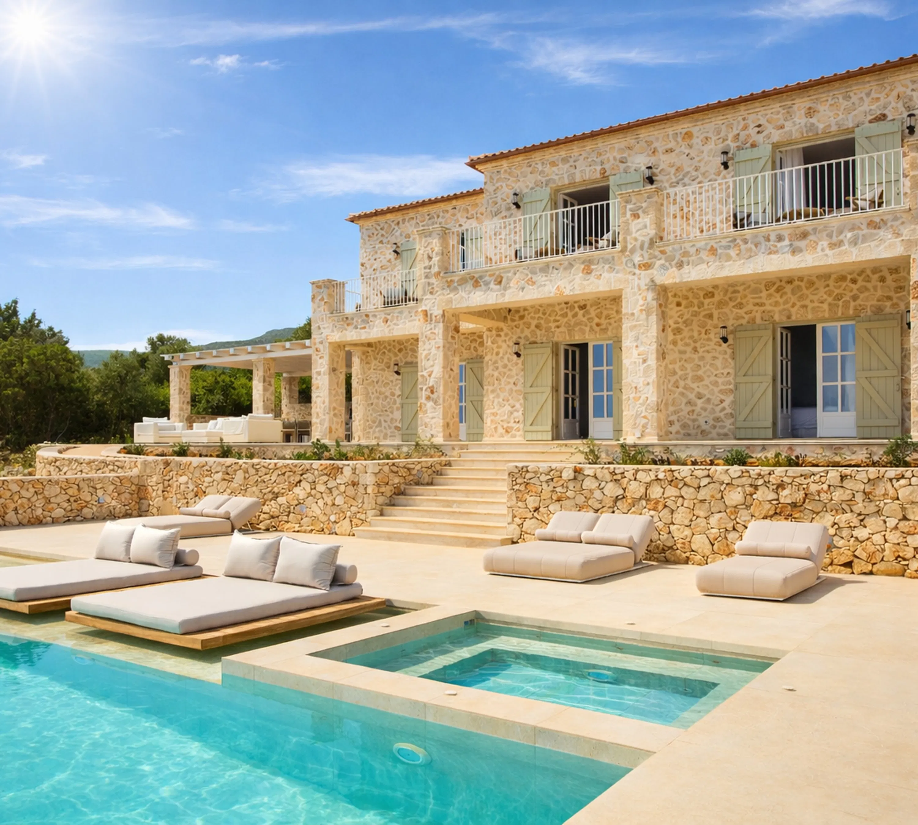 The villa's impressive stone facade showcases traditional Mediterranean architecture with sage green shutters and terracotta roof tiles. Multiple levels of terracing lead down to the infinity pool area with its luxury outdoor furniture.