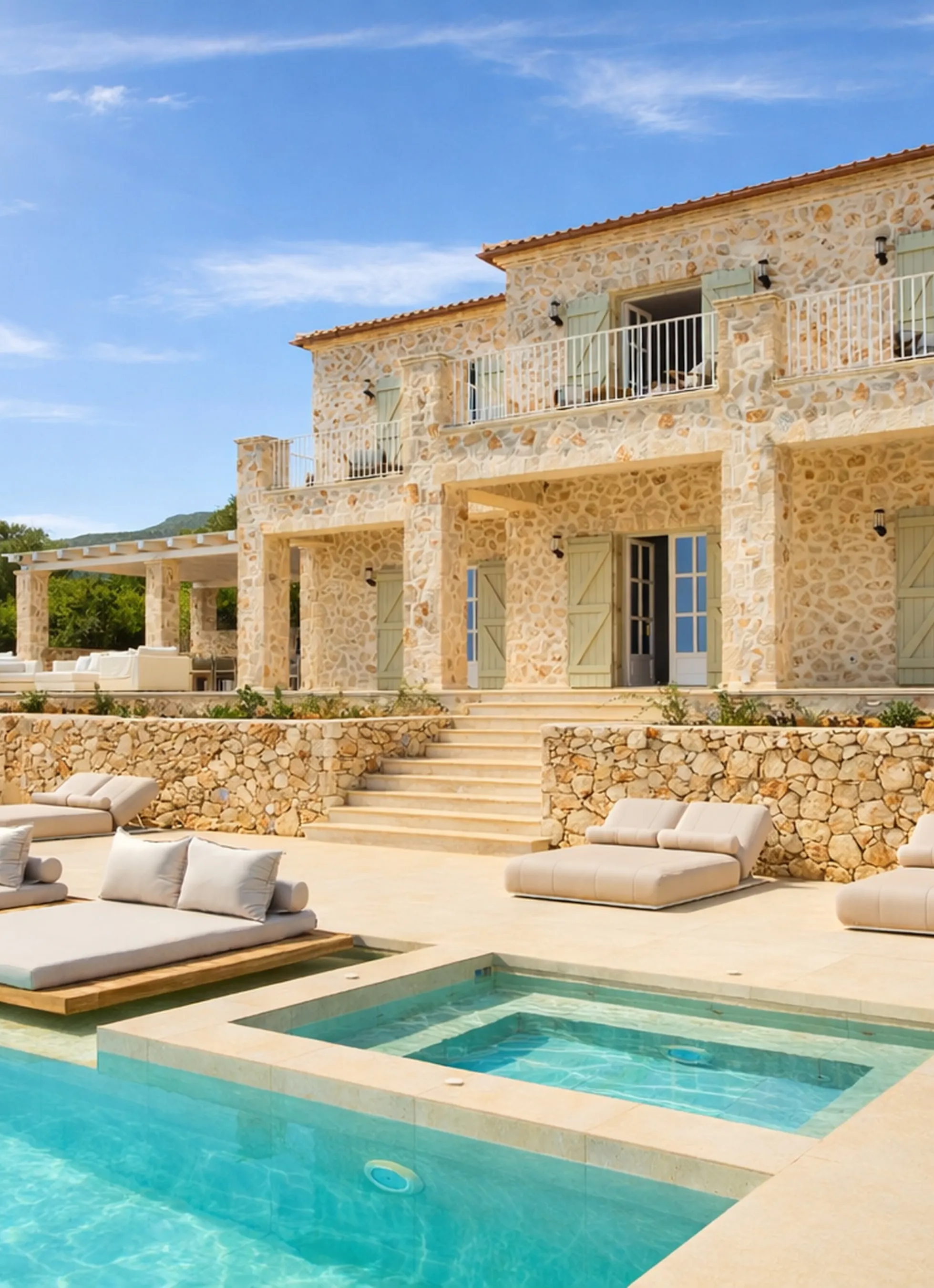 The villa's impressive stone facade showcases traditional Mediterranean architecture with sage green shutters and terracotta roof tiles. Multiple levels of terracing lead down to the infinity pool area with its luxury outdoor furniture.
