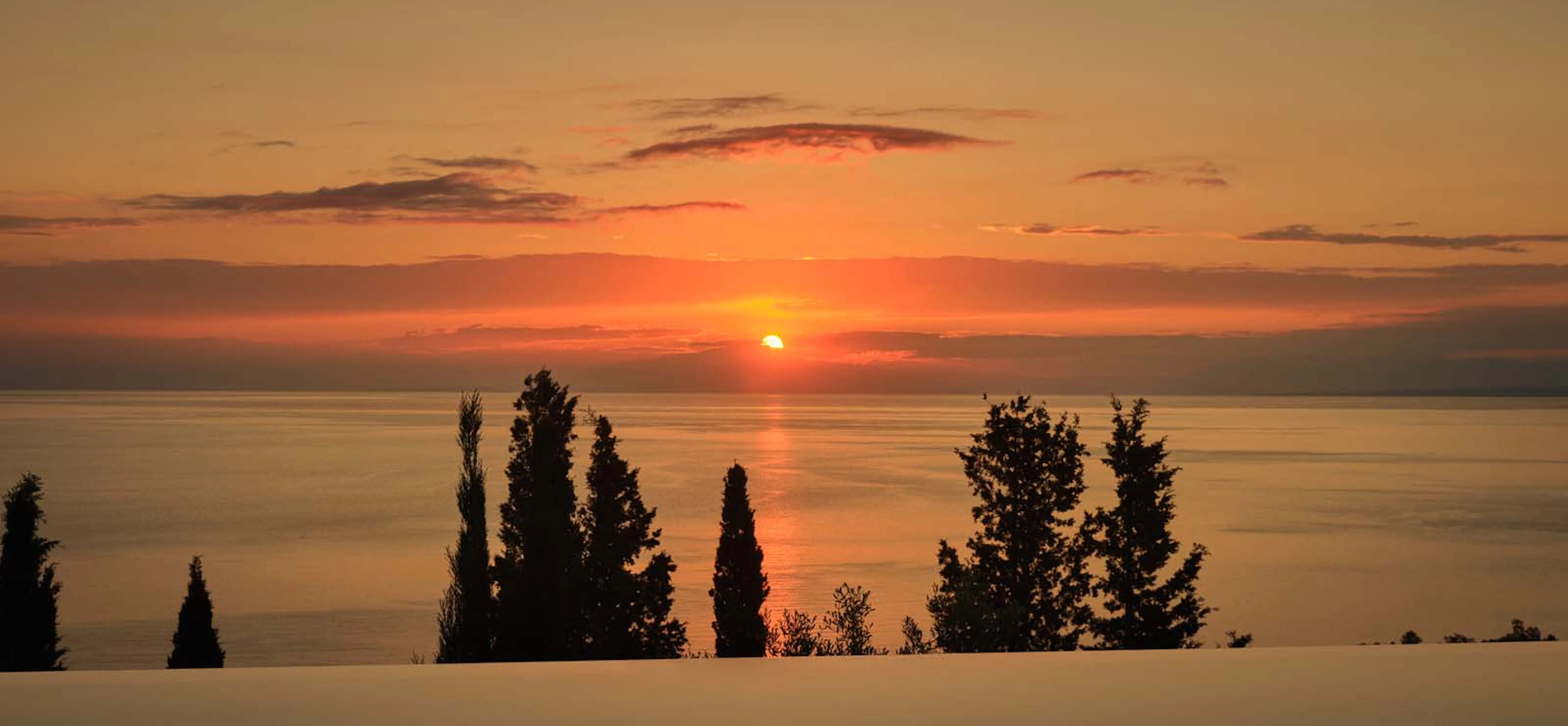 A fiery sunset over a calm sea, with the sun dipping below the horizon and casting deep orange and red tones across the sky, silhouetted cypress and pine trees in the foreground.