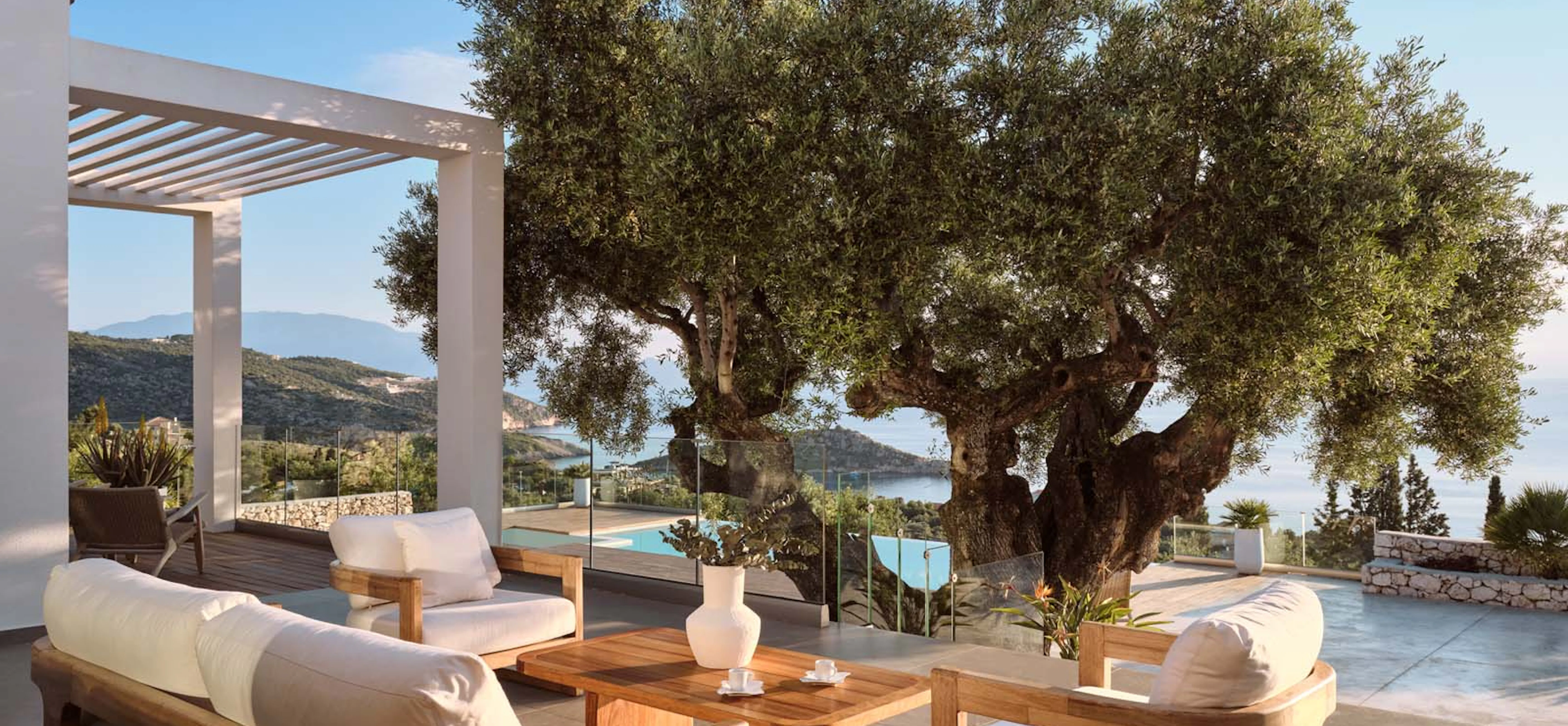 Sunlit villa terrace with teak and white-cushioned outdoor sofas arranged around a coffee table, a mature olive tree at centre, pool and glittering sea visible through a glass balustrade.