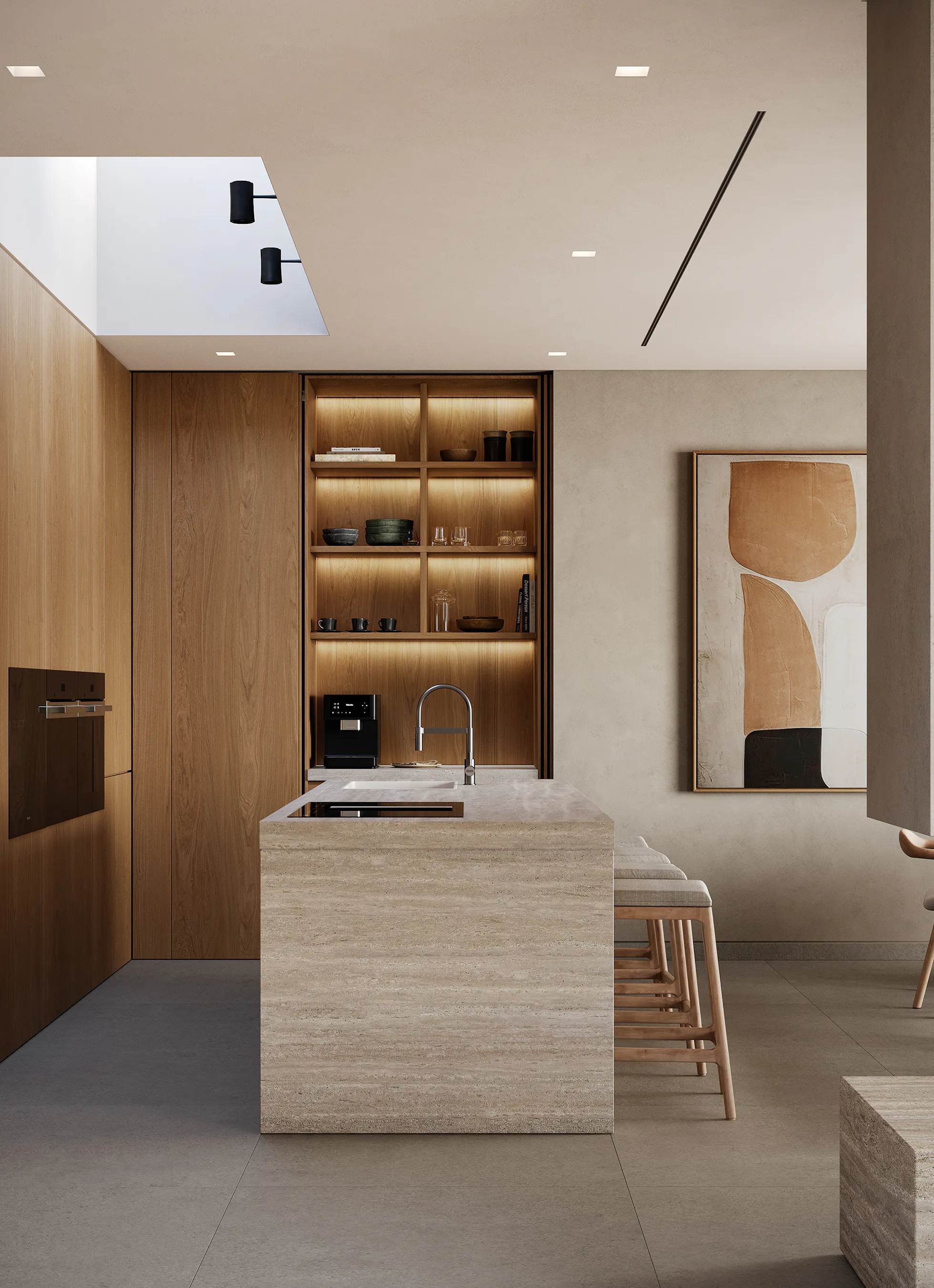 Kitchen area with a travertine island, built-in wood shelving with lit display niches, and a skylight above, opening into a dining space with abstract artwork.